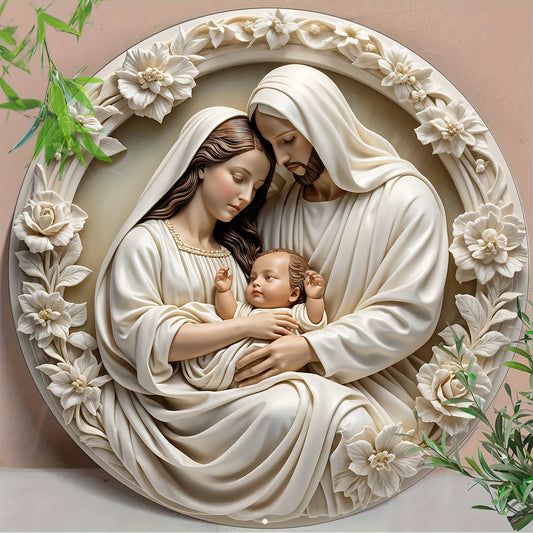 Round Aluminum 'Nativity' Sign - 8x8 Inches | 3D Vision Christmas Wreath Sign for Front Door, Living Room, Cafe, Farmhouse | Ideal Gift & Home Decoration