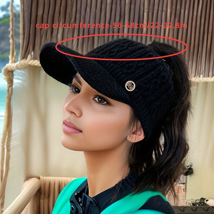 Cozy Knit Ponytail Visor Cap for Women - Thick Fleece-Lined with Ear Protection | Stretch Fit Baseball Hat for Fall/Winter