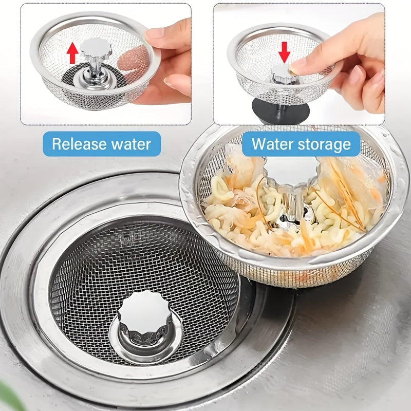 2PCS Kitchen Sink Strainer with Handle & Stopper - Stainless Steel Mesh Filter, Replacement Drain Basket, Waste Hole Trap for Hotels and Restaurants