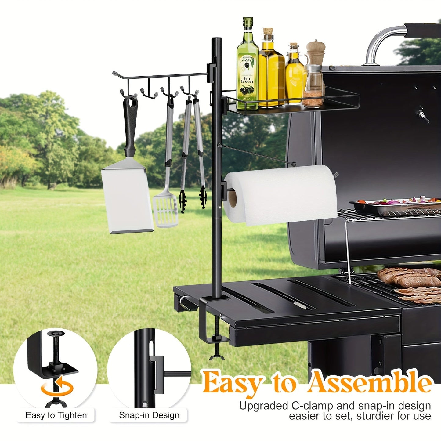 3 in 1 Grill Caddy - Black Iron with 8 Hooks, Condiment Caddy, and Paper Towel Holder for Outdoor Kitchen Storage and Organization