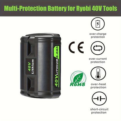 High-Capacity 40V 6.0Ah Lithium Battery Replacement – Compatible with Ryobi 40V Cordless Tools – Long-Lasting, Reliable, Safe Performance