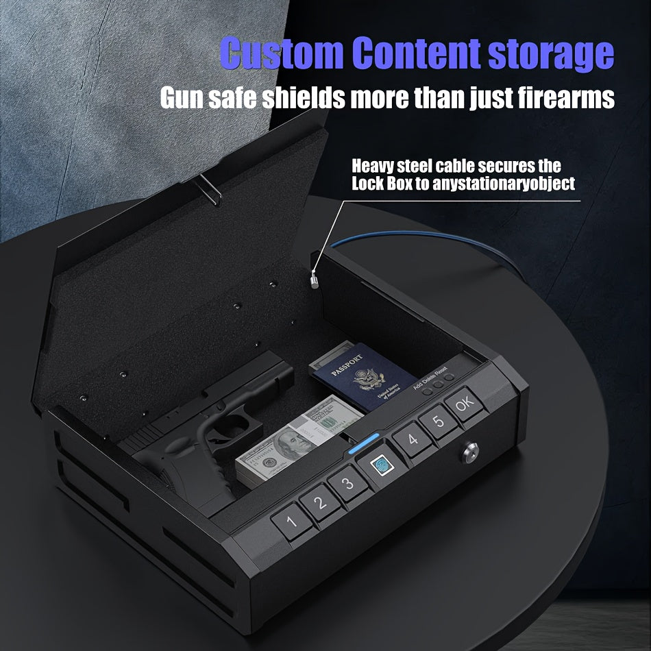 Biometric Gun Safe – Quick-Access Handgun Storage Box with Fingerprint, Keypad, and Keys – Firearm Safety Device for Home, Bedside, Nightstand, and Car