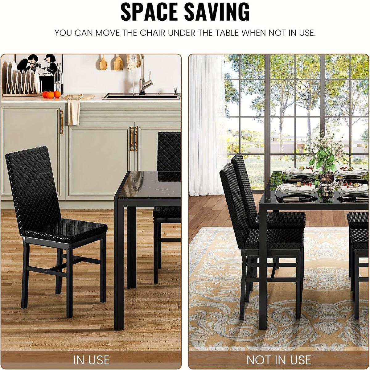 5 Piece Modern Luxurious Dining Room Table Set - Tempered Glass Top, Metal Frame, Faux Leather Chairs, Counter Height for 4 Person Breakfast Nook