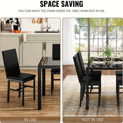 5 Piece Modern Luxurious Dining Room Table Set - Tempered Glass Top, Metal Frame, Faux Leather Chairs, Counter Height for 4 Person Breakfast Nook