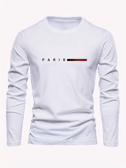 Men's 3-Pack 100% Cotton Long Sleeve T-Shirts - Casual Crew Neck with Paris Applique, Breathable Letter Print Tops for Spring/Fall
