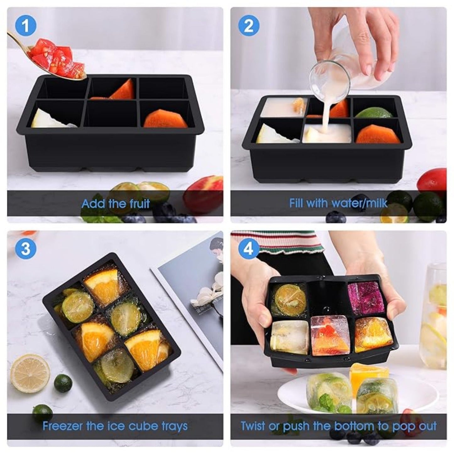 2 Pack Large Silicone Ice Cube Molds with Lid – 6 Cavity Flexible Ice Tray