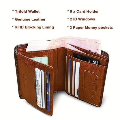 RFID Blocking Trifold Genuine Leather Wallet for Men – Vintage Cowhide, Multi-Function Credit Card Holder with Money Clip and 2 ID Windows