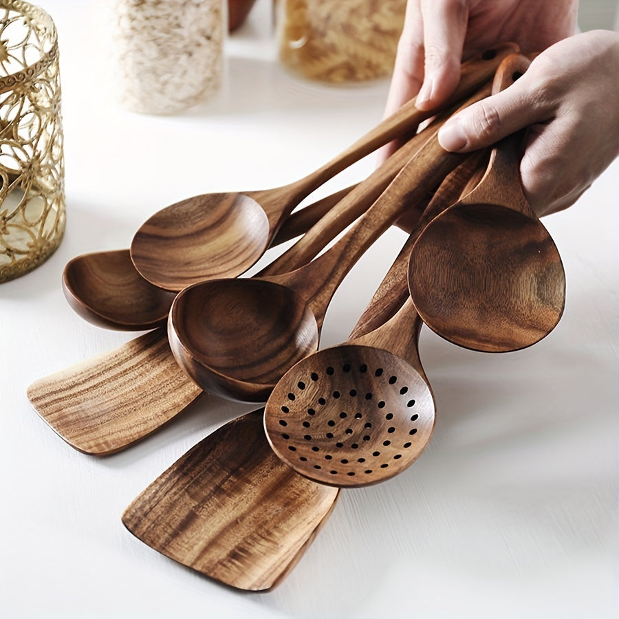 7pcs Premium Teak Wooden Cooking Spoons Set - Ergonomic Non-Stick Spatula with Soft Grip Handle - Perfect for Back to School, Kitchen Essentials, and Culinary Arts