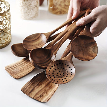7pcs Premium Teak Wooden Cooking Spoons Set - Ergonomic Non-Stick Spatula with Soft Grip Handle - Perfect for Back to School, Kitchen Essentials, and Culinary Arts