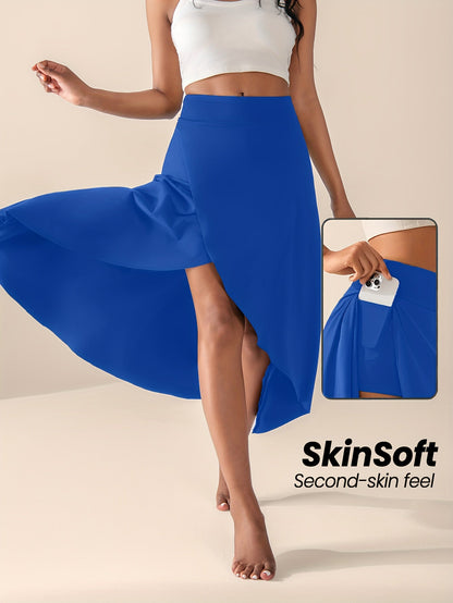 Women's High-Waisted Split Skort with Pockets – Solid Color Casual Sports Skirt – Breathable and  Flexible Activewear