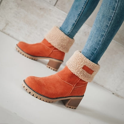 Women's Chunky Heel Slip-On Ankle Boots - Plush Lined for Comfort and Warmth