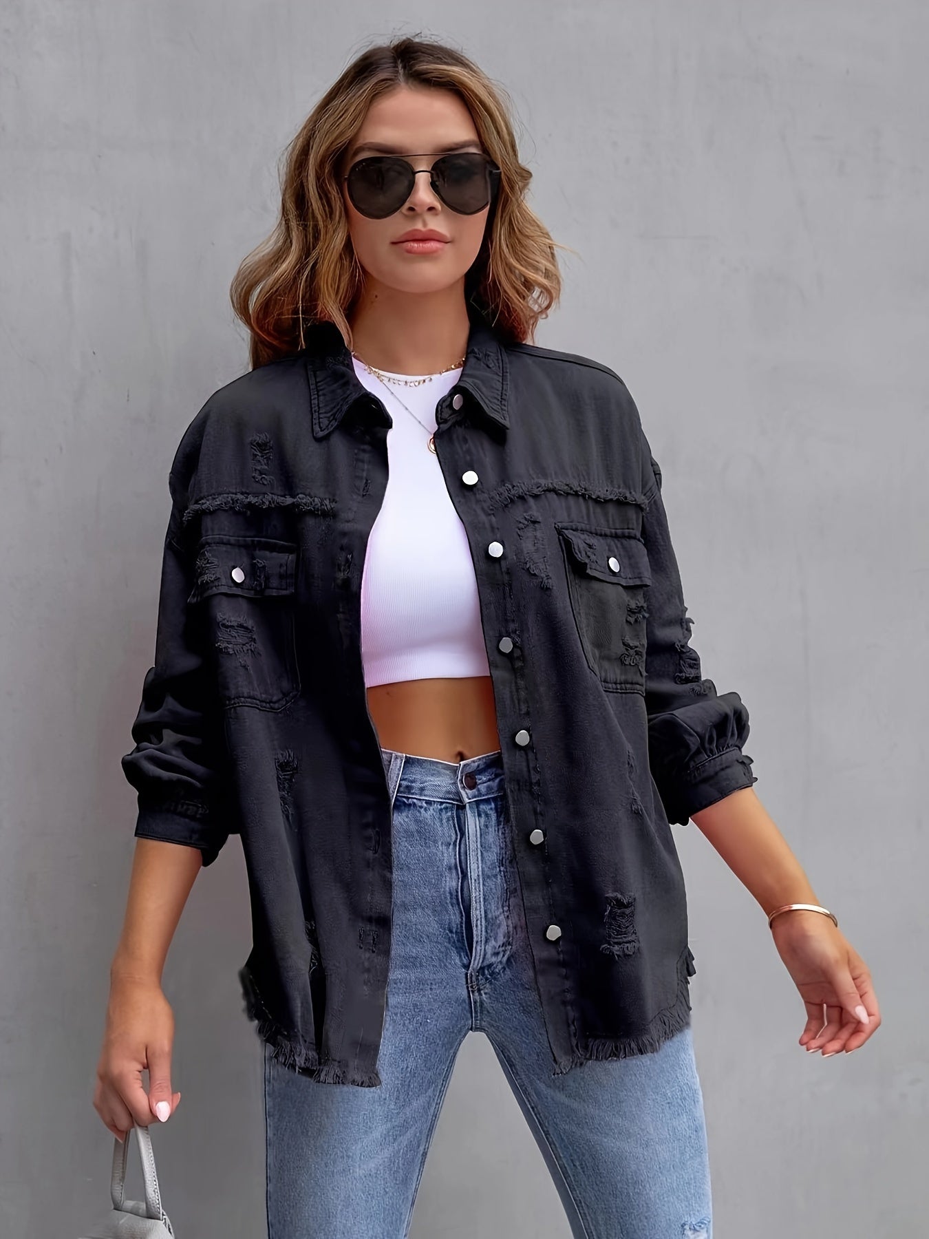 Women's Plus-Size Denim Blazer with Distressed Holes