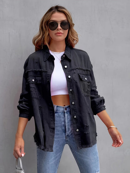 Women's Plus-Size Denim Blazer with Distressed Holes
