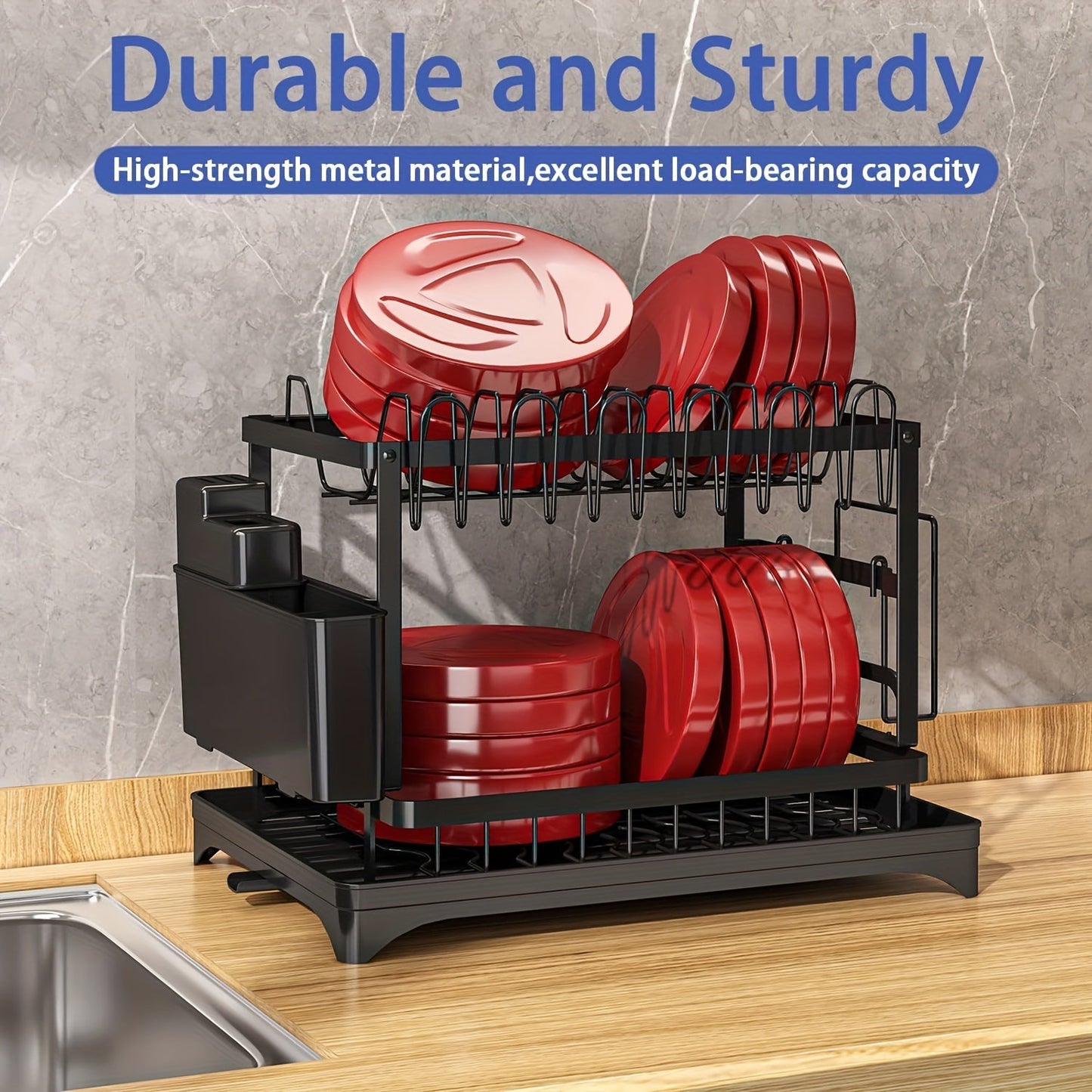 2-Tier Large Stainless Steel Dish Drying Rack with Drainboard – Black Dish Drainer for Kitchen Counter – Includes Space for Dishes, Knives, Cups, Cutting Board