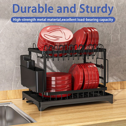 2-Tier Large Stainless Steel Dish Drying Rack with Drainboard – Black Dish Drainer for Kitchen Counter – Includes Space for Dishes, Knives, Cups, Cutting Board
