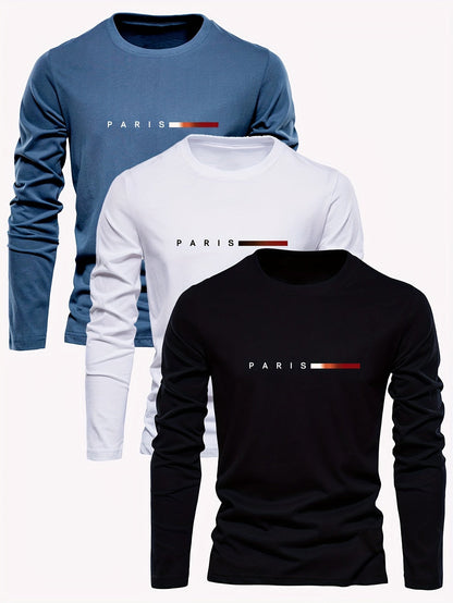 Men's 3-Pack 100% Cotton Long Sleeve T-Shirts - Casual Crew Neck with Paris Applique, Breathable Letter Print Tops for Spring/Fall