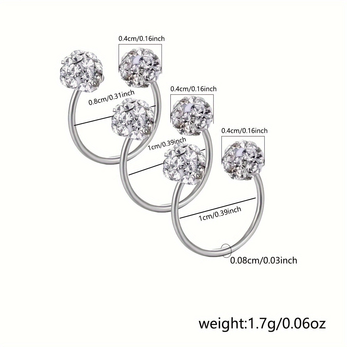 Set of 3 Stainless Steel C-Shaped Drill Ball Earrings and Ear Bone Studs for Women
