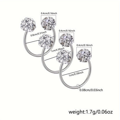 Set of 3 Stainless Steel C-Shaped Drill Ball Earrings and Ear Bone Studs for Women