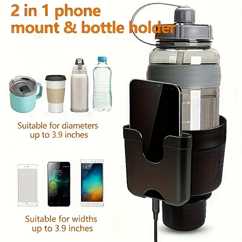 Adjustable Car Cup Holder Extender with Phone Mount – Fits Most Vehicles, Compatible with 32oz and 40oz Bottles and Large Cups