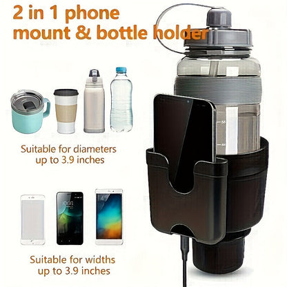 Adjustable Car Cup Holder Extender with Phone Mount – Fits Most Vehicles, Compatible with 32oz and 40oz Bottles and Large Cups