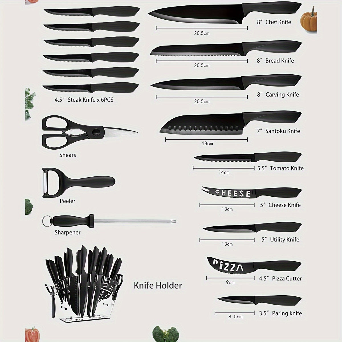 19 Piece High Carbon Stainless Steel Kitchen Knife Set – Includes Serrated Steak Knives, Chef Knives, Bread Knife, Scissors, Sharpener – All-in-One Block Set