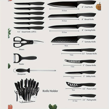 19 Piece High Carbon Stainless Steel Kitchen Knife Set – Includes Serrated Steak Knives, Chef Knives, Bread Knife, Scissors, Sharpener – All-in-One Block Set