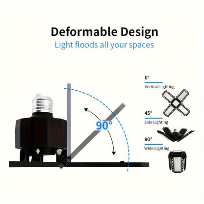 LED Garage Light Bulbs – 10,000LM Super Bright, Adjustable Panels, E26/E27 Screw Socket – Deformable Ceiling Light for Warehouse, Corridor, Stadium