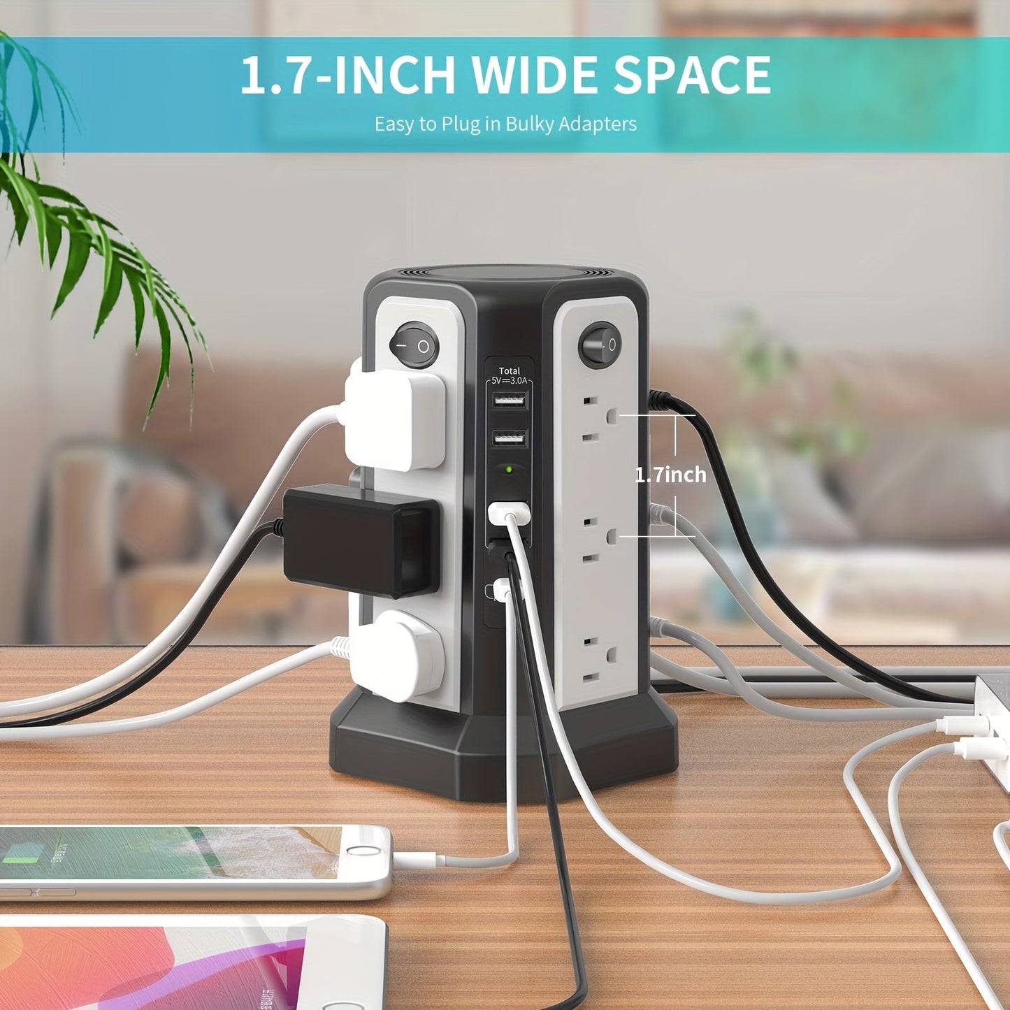 PASSUS Tower Surge Protector Power Strip – 10.2FT Extension Cord, 12 AC Outlets, 5 USB Ports, Surge Protection for Home, Office, Dorm Room
