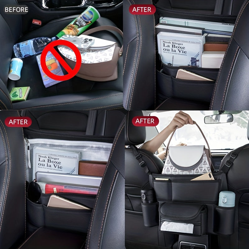 Faux Leather Car Seat Organizer – Multi-Pocket Storage Pouch with Handheld Design – Vehicle Interior Organization