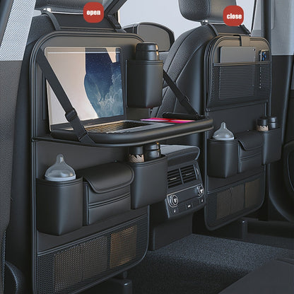 Premium PU Leather Backseat Organizer with Foldable Table Tray – Multi-Functional Vehicle Seat Storage Bag – Large Capacity for SUVs, Trucks and Vans