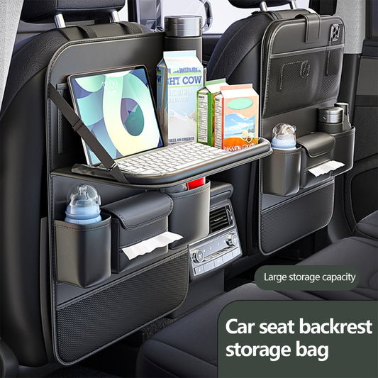 Premium PU Leather Backseat Organizer with Foldable Table Tray – Multi-Functional Vehicle Seat Storage Bag – Large Capacity for SUVs, Trucks and Vans