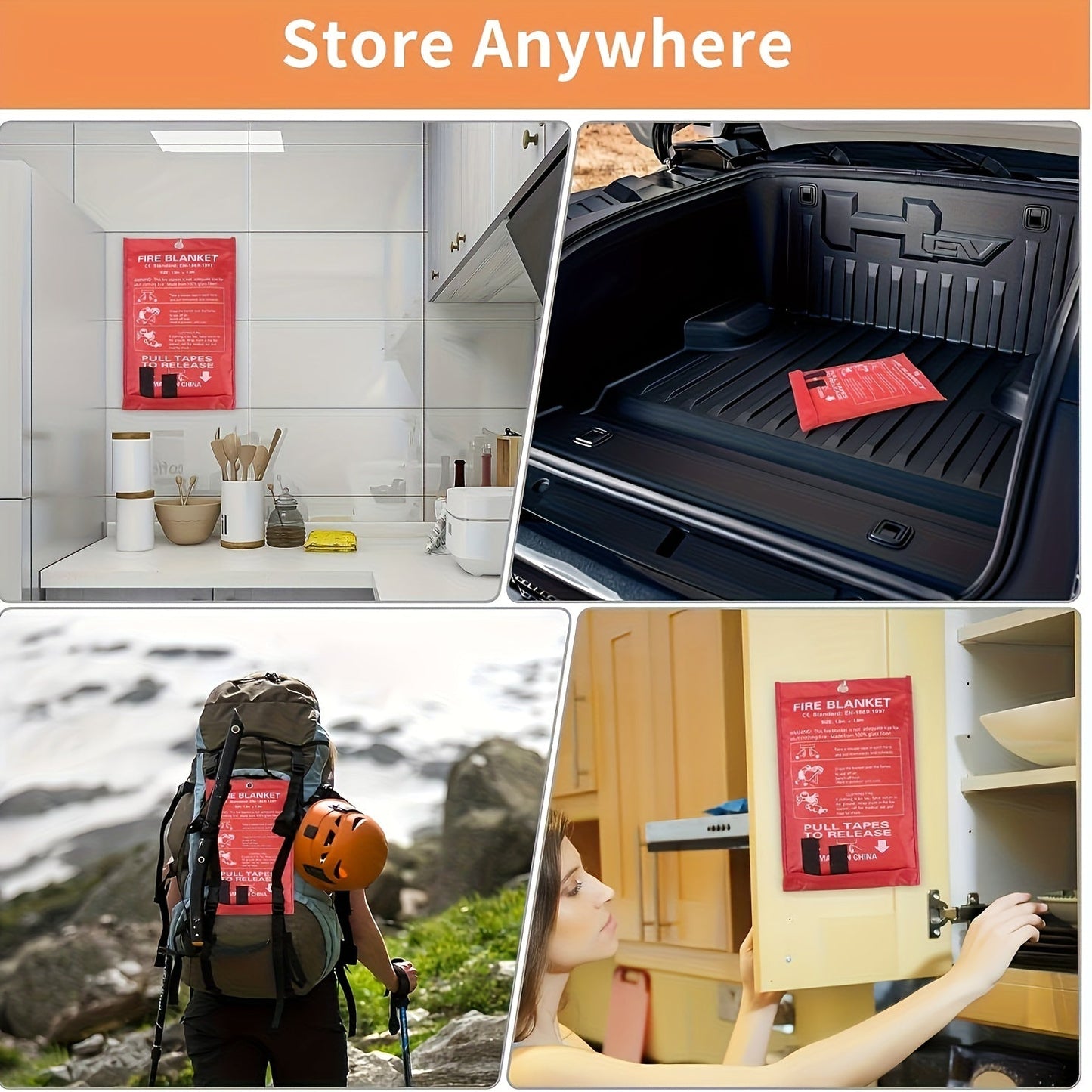 4 Piece Premium Fiberglass Fire Blankets - Heat-Resistant, Compact and Reusable for Kitchen, Home, School, Office, Camping, and Car Emergencies
