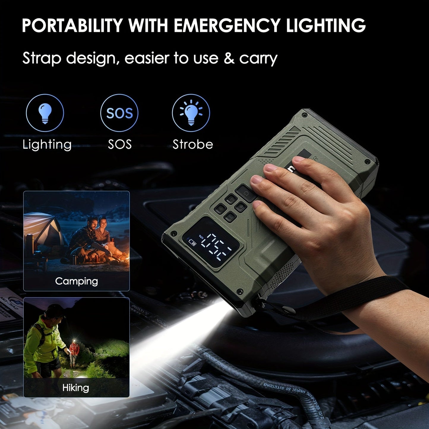 3000A Peak Car Jump Starter with Air Compressor – Portable 12V Battery Charger, 150PSI Digital Tire Inflator, QC18W Fast Charge, LED Emergency Light – Multi-Function Power Bank for 9.0L Gas/7.5L Diesel Vehicles