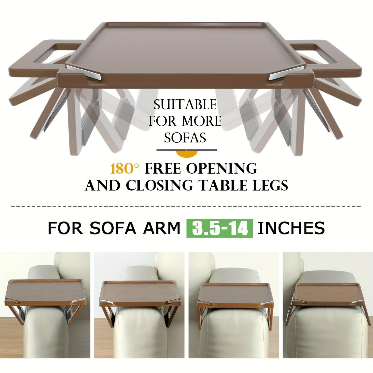 Brown Bamboo Sofa Tray Table with Armrest Clamp - Foldable Rectangular Multifunctional Table with Double Bracket - Ideal for Sofas and More
