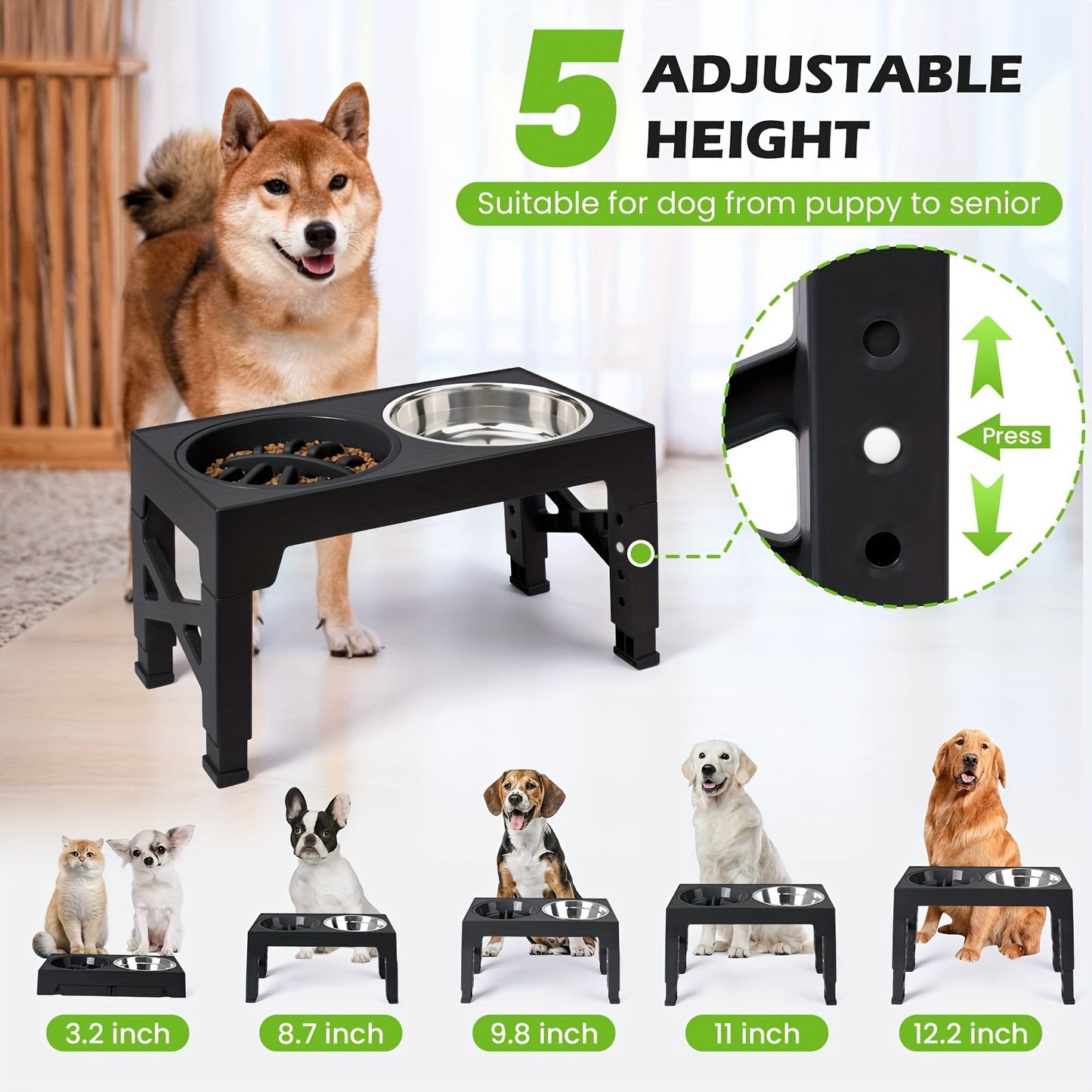 Elevated Dog Bowls with 5 Adjustable Heights – Raised Stand with 2 Stainless Steel Bowls and 1 Slow Feeder, Adjusts from 3.2" to 12.2" for Small, Medium, and Large Dogs