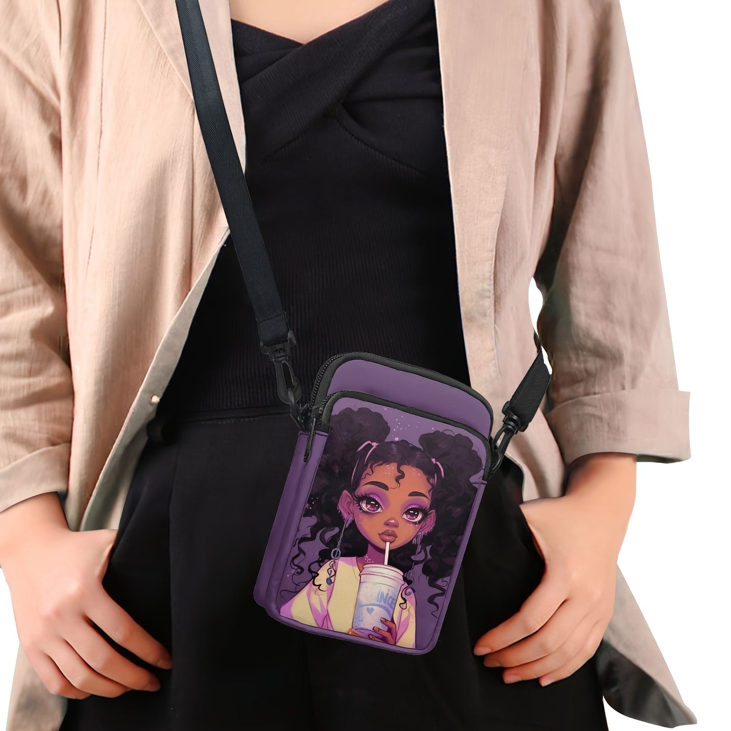 Chic African Girl Print Crossbody Bag - Trendy, Lightweight Double Layer with Adjustable Strap and Zip Closure for Daily Use