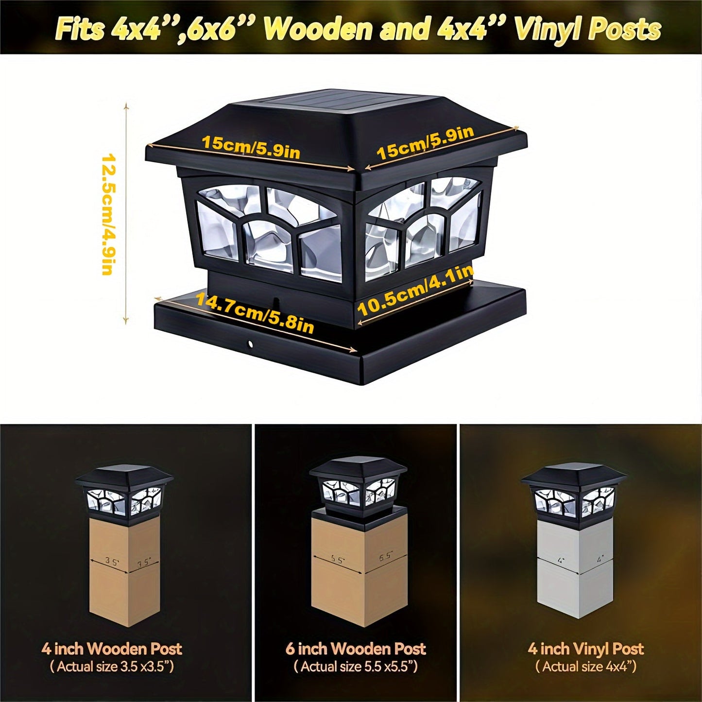 6 Pack Solar Fence Post Cap Lights – Waterproof Outdoor Deck Lights with 8 LEDs, Dual Light Modes ( Warm/Cool White ) for 4x4/6x6 Wooden/Vinyl Posts – Ideal for Garden, Deck, Patio