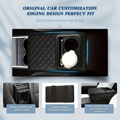 Memory Foam Car Armrest Pillow with Cup and Phone Holder - Luxury Faux Leather Center Console Cushion for Enhanced Comfort - Fits Most Vehicles