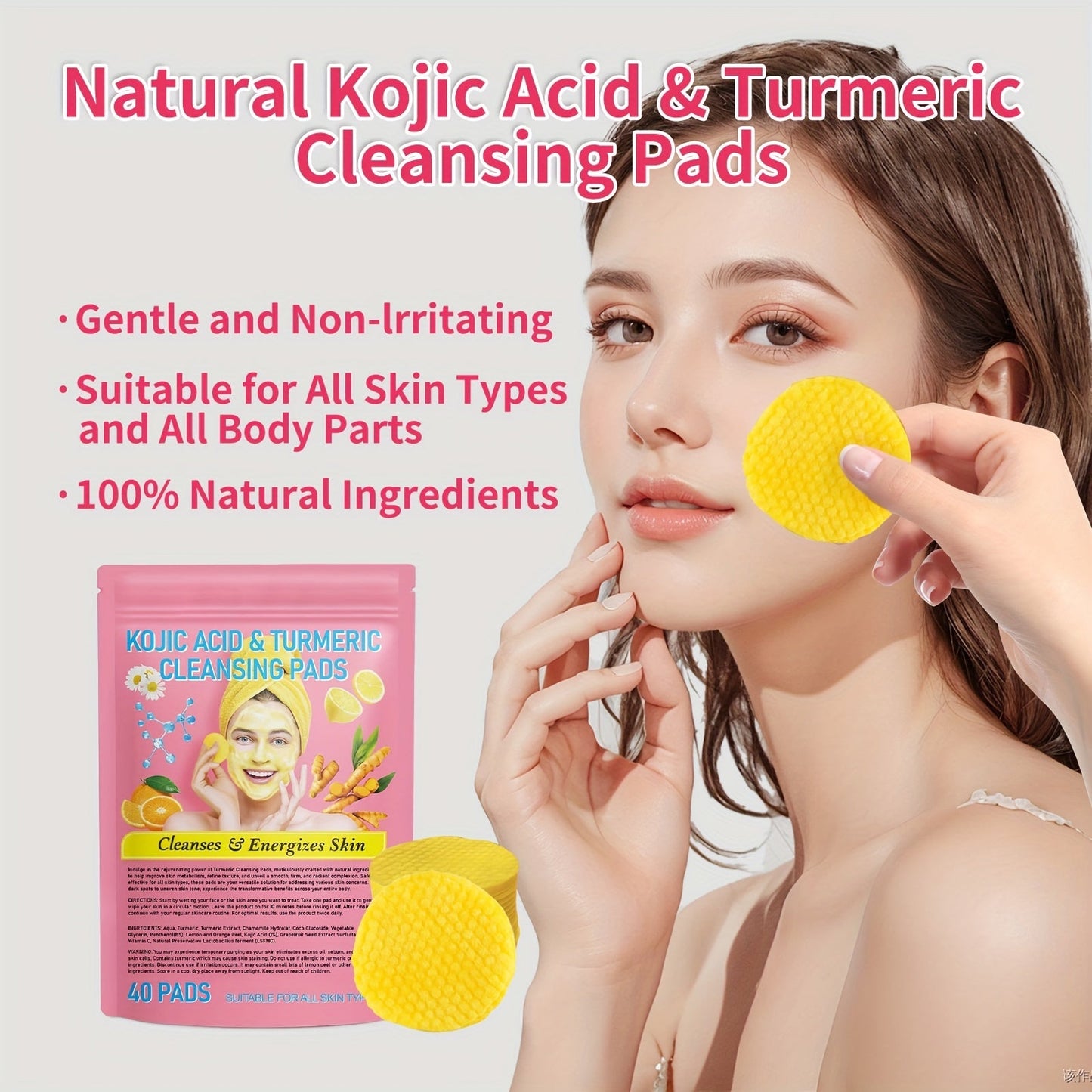 40 Pcs Natural Kojic Acid & Turmeric Cleansing Pads - Gentle, Non-Irritating, 100% Natural Ingredients | Deep Cleansing, Lemon Scented, Alcohol-Free, Suitable for All Skin Types and Genders