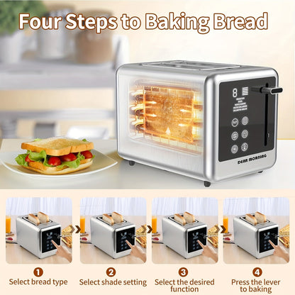 1.5 Inch 2-Slice Smart Digital Toaster - Touch Screen, 5 Bread Selections, 7 Shade Settings, Bagel/Defrost/Cancel/Reheat Functions, Removable Crumb Tray, Stainless Steel