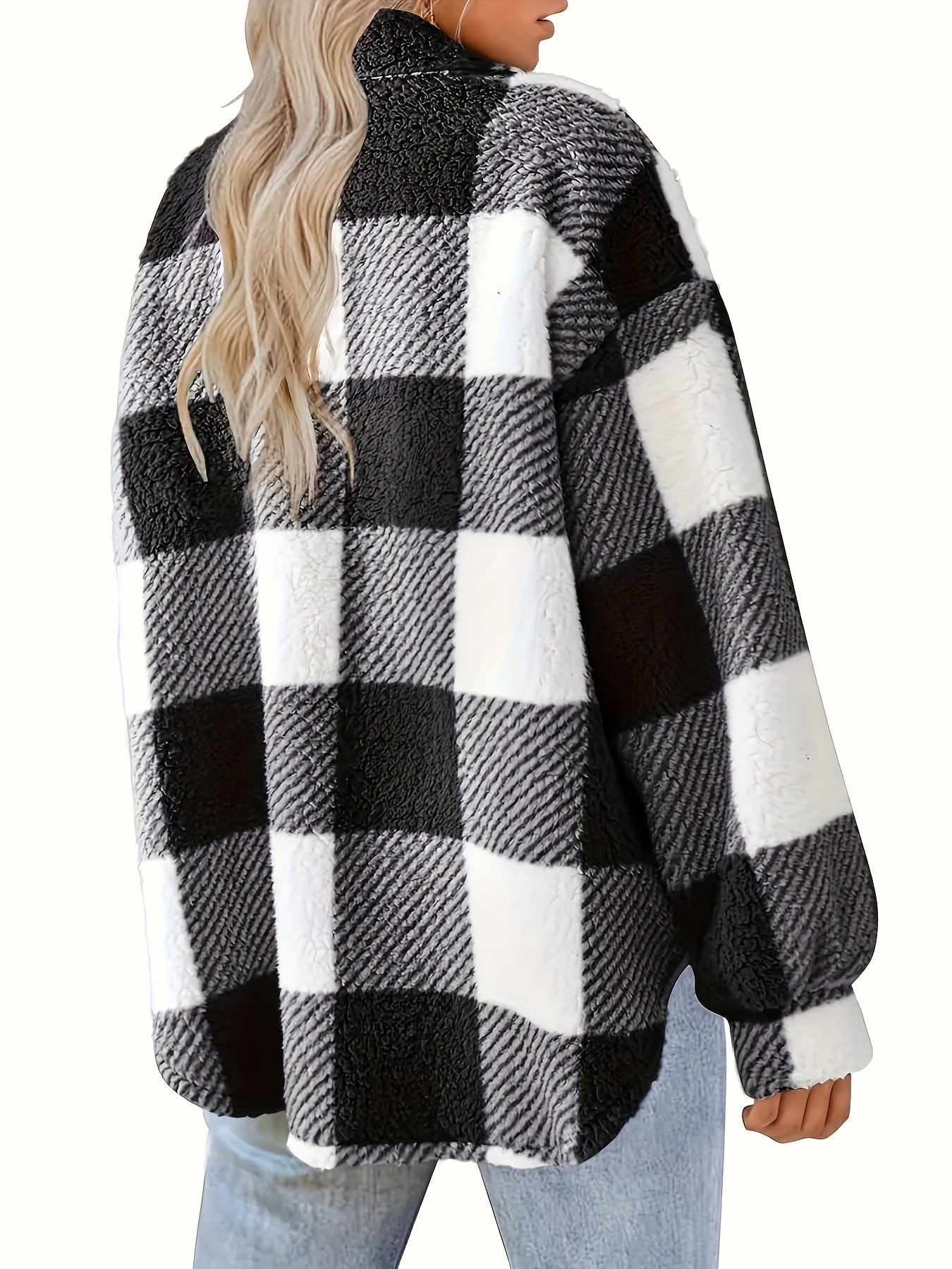 Women's Plaid Button-Front Teddy Coat – Long Sleeve Thermal Winter Outwear