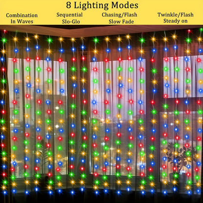 1 Pack LED Solar Curtain String Lights – 100/200/300 Lights, 8 Lighting Modes – Outdoor Decoration for Christmas, Weddings, Patios, Gardens ( Colorful/Warm White/White )