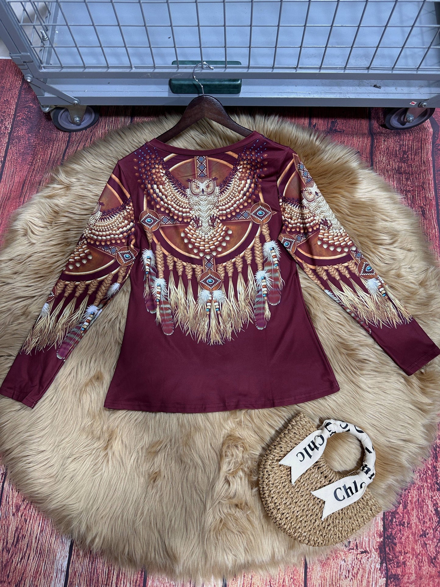Tribal Print V-Neck T-Shirt - Casual Long Sleeve Top for Spring & Fall, Women's Clothing