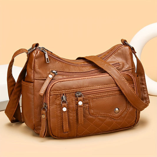 Fashion Multi-Zipper Crossbody Bag – Soft Vegan Leather Shoulder Bag with Multiple Pockets – Women's Handbag Purse