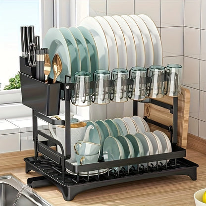 2-Tier Large Stainless Steel Dish Drying Rack with Drainboard – Black Dish Drainer for Kitchen Counter – Includes Space for Dishes, Knives, Cups, Cutting Board