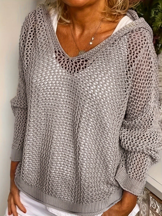 Solid Color Hooded Pullover Sweater – Casual Long Sleeve Cut-Out Knitted Sweater for Spring and Summer – Women's Clothing