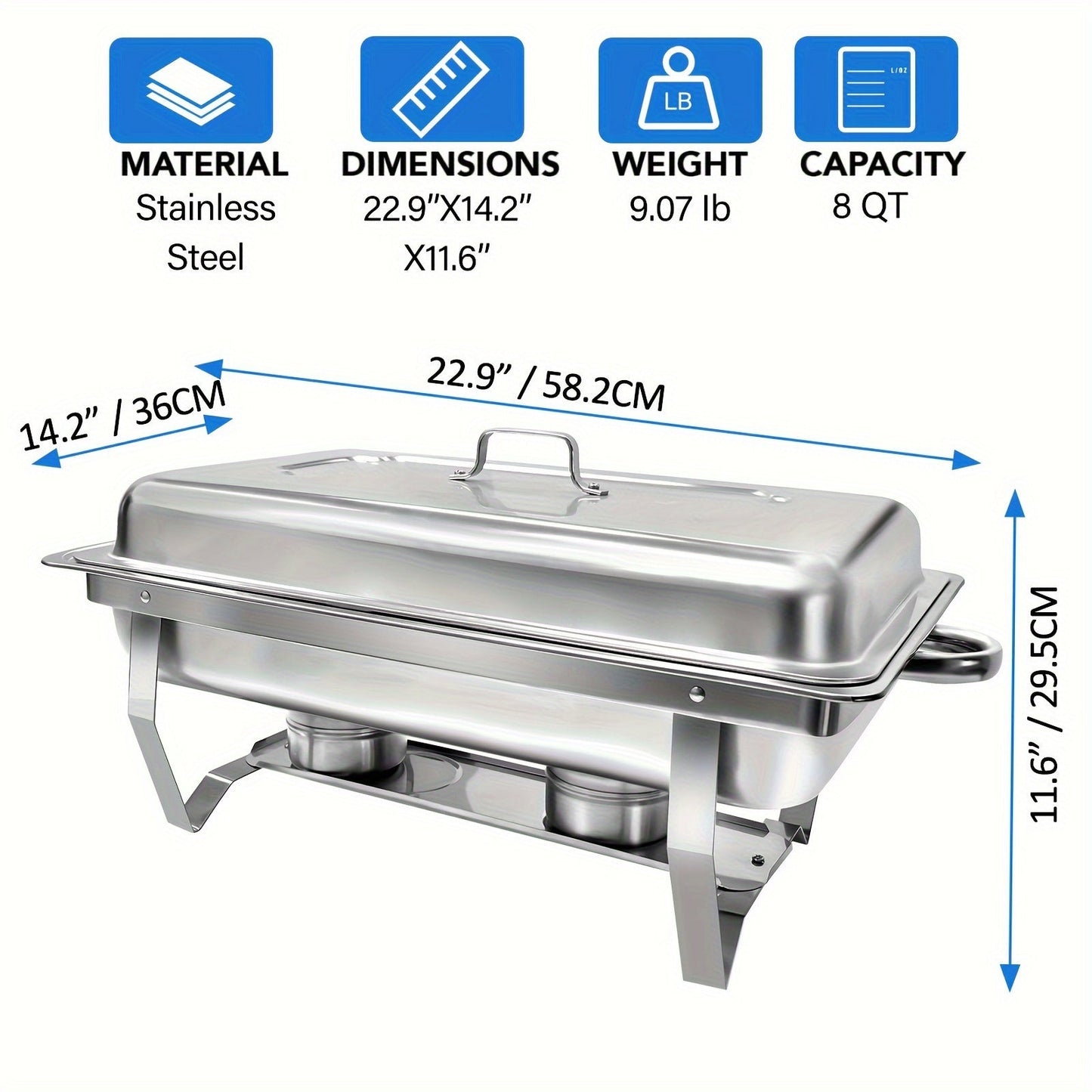 8QT Rectangle Stainless Steel Chafing Dish Buffet Set - Food Warmer Kit with Lids, Pans, and Fuel Holders - Durable, Easy-to-Clean for Restaurant, Catering, Parties, and Weddings