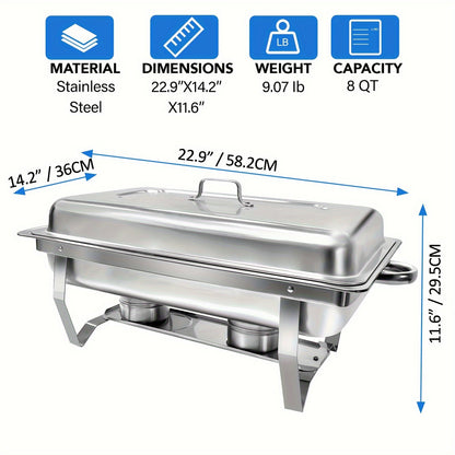 8QT Rectangle Stainless Steel Chafing Dish Buffet Set - Food Warmer Kit with Lids, Pans, and Fuel Holders - Durable, Easy-to-Clean for Restaurant, Catering, Parties, and Weddings