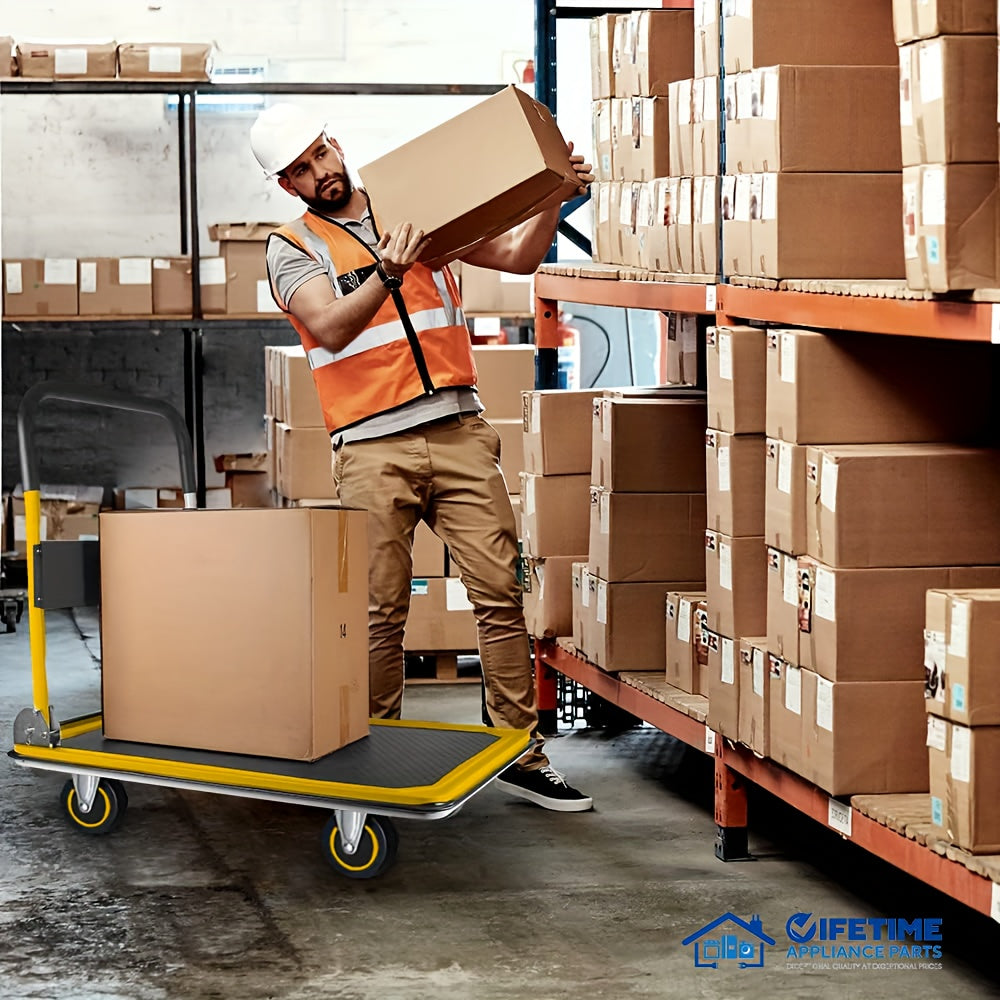 Heavy-Duty Large Foldable Push Cart Dolly - 330/660 Lbs Capacity, Collapsible Steel Flat Bed Wagon with Swivel Handle, Blue, White/Black, Yellow - Ideal for Moving & Transport