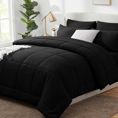 7 Pcs Bed In A Bag - Bedding Set with All Season Quilted Comforter, Flat Sheet, Fitted Sheet, Pillowcases - Black, Queen